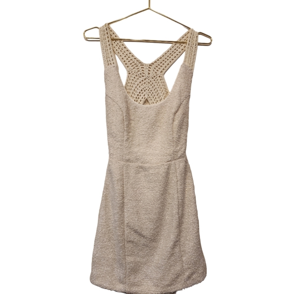 ROC Republic of Couture Cream sparkle cream mini dress crochet straps sz small